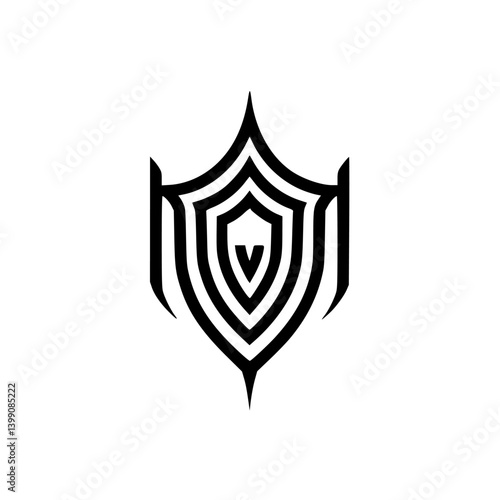 Minimalist Shield Logo in Black & White, Geometric Lines, Security