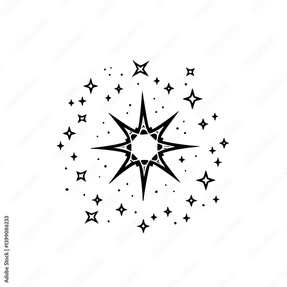 Obraz premium Minimalist Celestial Starburst Icon, Black & White, Isolated