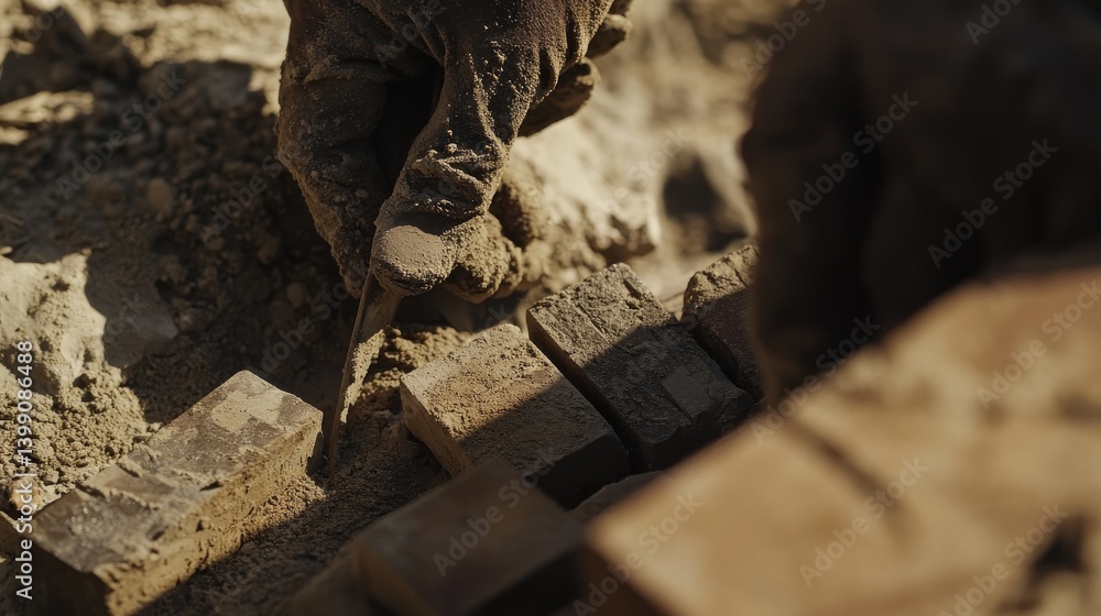 Fototapeta premium A mason laying bricks at a construction site. Featuring precision and craftsmanship