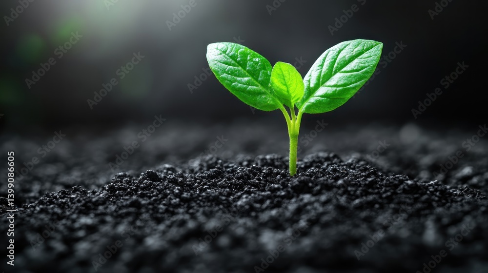 Naklejka premium A Tiny Sprout Emerging from Dark Soil: A Symbol of New Life and Growth