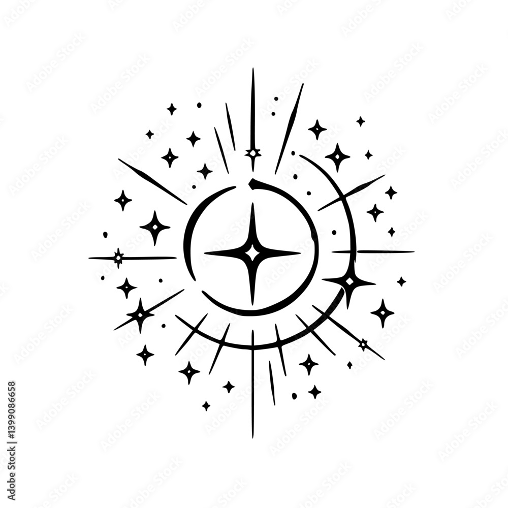 Fototapeta premium Celestial Starburst Logo: Hand-Drawn Black & White Design Element