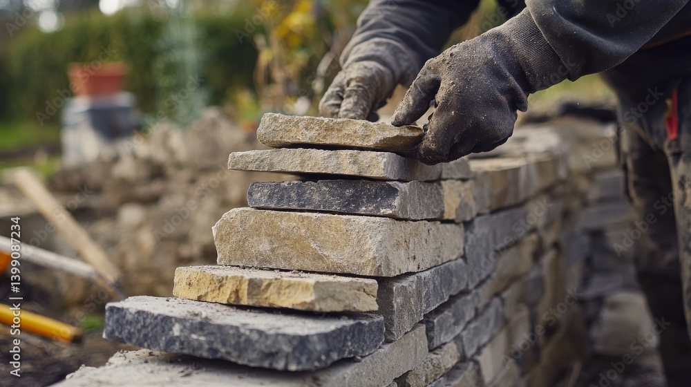 A mason stacking stones for a garden wall. Featuring expertise and craftsmanship A mason stacking stones for a garden wall. Featuring expertise and craftsmanship