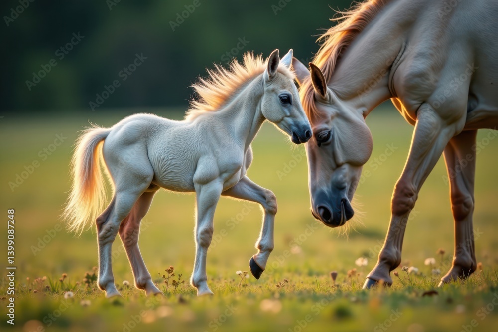 Foal playing with mane of mother unicorn mare, movement, play Foal playing with mane of mother unicorn mare, movement, play