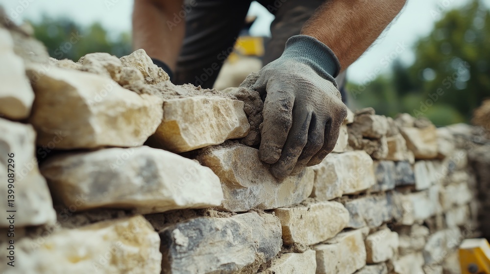 A mason stacking stones for a garden wall. Featuring expertise and craftsmanship A mason stacking stones for a garden wall. Featuring expertise and craftsmanship