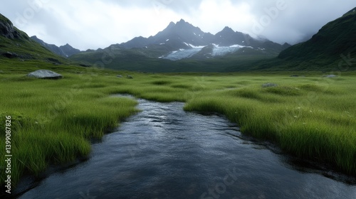 Obraz na płótnie Lush alpine meadow with a stream flowing through w salonie