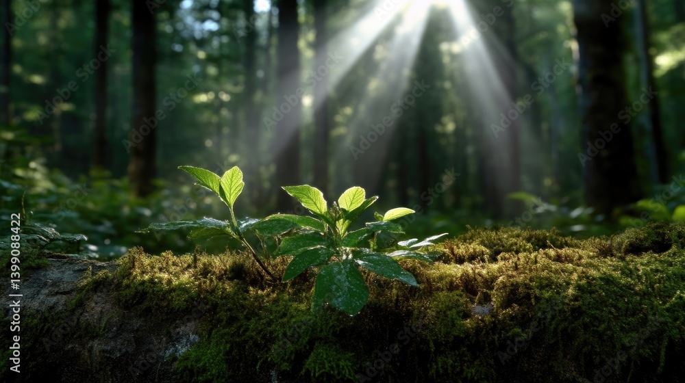 Sunlight filtering through forest canopy, illuminating a young sprout
