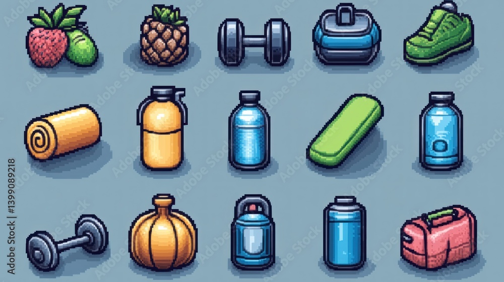 Obraz premium Pixel Art Fitness and Outdoor Gear Collection