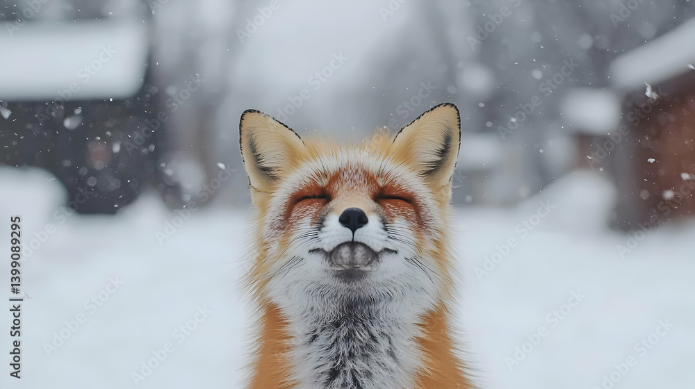 Fototapeta premium Playful Red Fox Covered In Snow