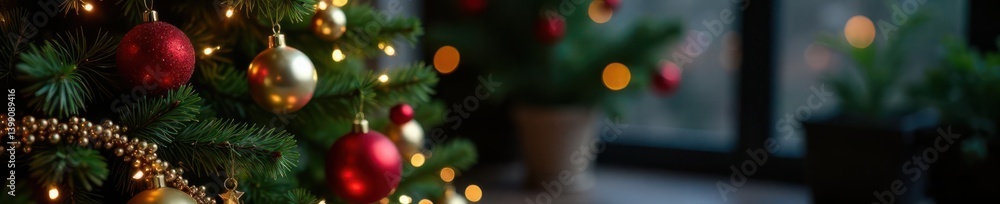 Luxurious Christmas tree with ornaments and garlands, joyful scene, holiday season Luxurious Christmas tree with ornaments and garlands, joyful scene, holiday season