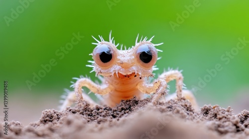 A close-up of a cute baby spider emerging from the ground with a green background, detailed macro shot, adorable and curious expression, and nature photography.