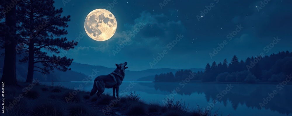Fototapeta premium Full moon night landscape with a lone wolf howling at the edge of forest , landscape, animal