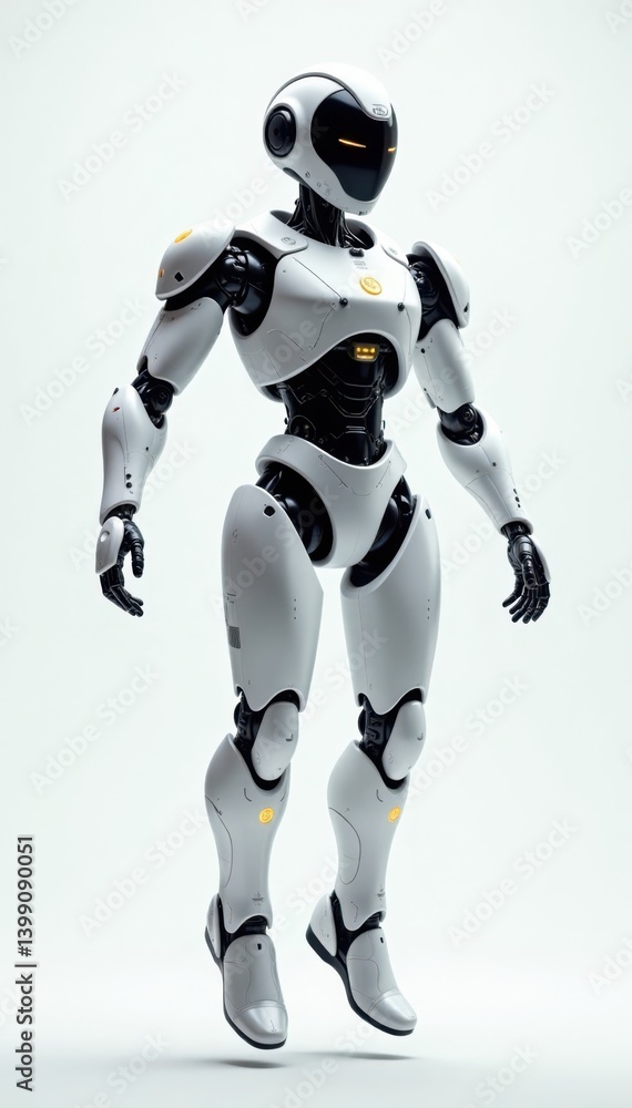 Futuristic robot floating in mid-air on white background, abstract, futuristic Futuristic robot floating in mid-air on white background, abstract, futuristic