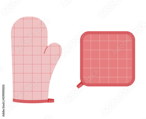 Oven Gloves Mitt and potholder Fashion pink cartoon windowpane tartan check pattern hand accessory clothing technical illustration garment. Vector for Men women style flat template on white background