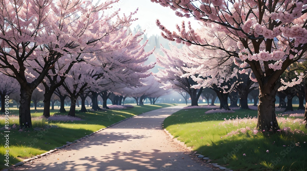 Obraz premium 春の風に揺れる桜並木と曲がりくねった小道 