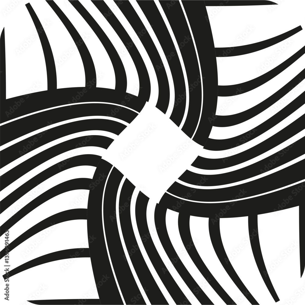 Striped curve crossing. Bold abstract vector. Graphic rotation movement. Wavy sharp pattern.