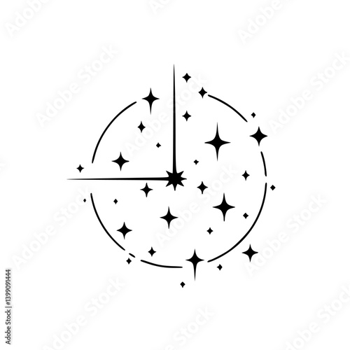 Celestial Time: Starry Clock Illustration, Minimalist Black & White Design