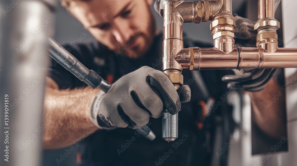 A plumber installing pipes in a residential building. Featuring skill and precision