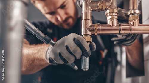 Obraz na płótnie A plumber installing pipes in a residential building. Featuring skill and precision w salonie