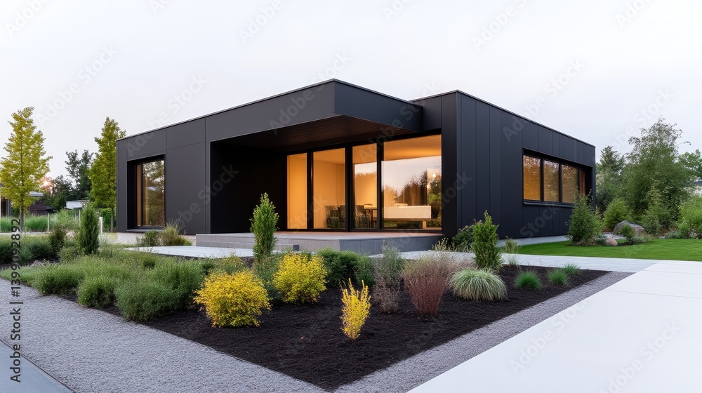 Modern, dark-colored house with landscaped garden