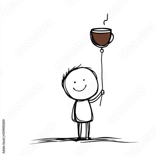 Coffee cup 'balloon' held by a cheerful cartoon figure - Simple whimsical line art of a person with their favorite hot drink.