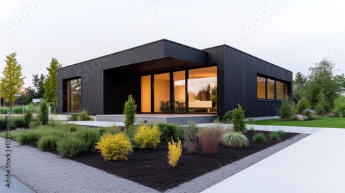 Obraz na płótnie Modern, dark-colored house with landscaped garden w salonie