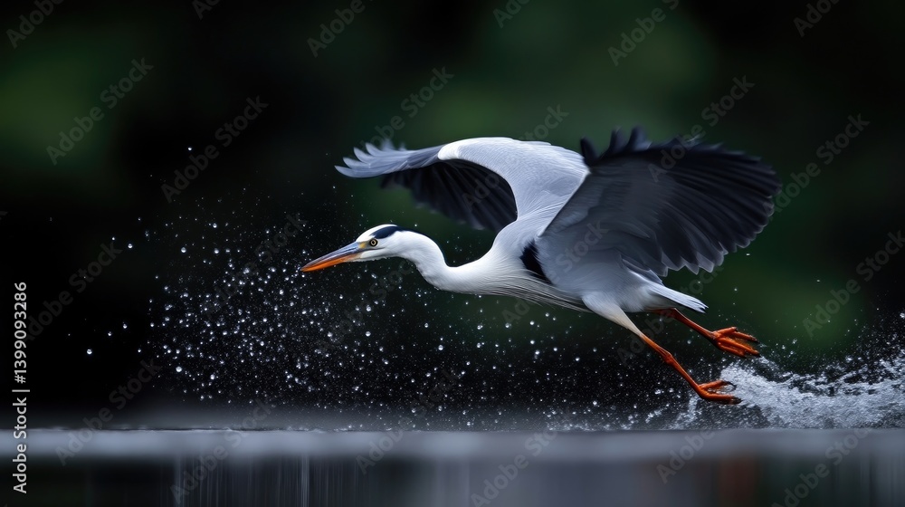Majestic heron in flight, splashing water