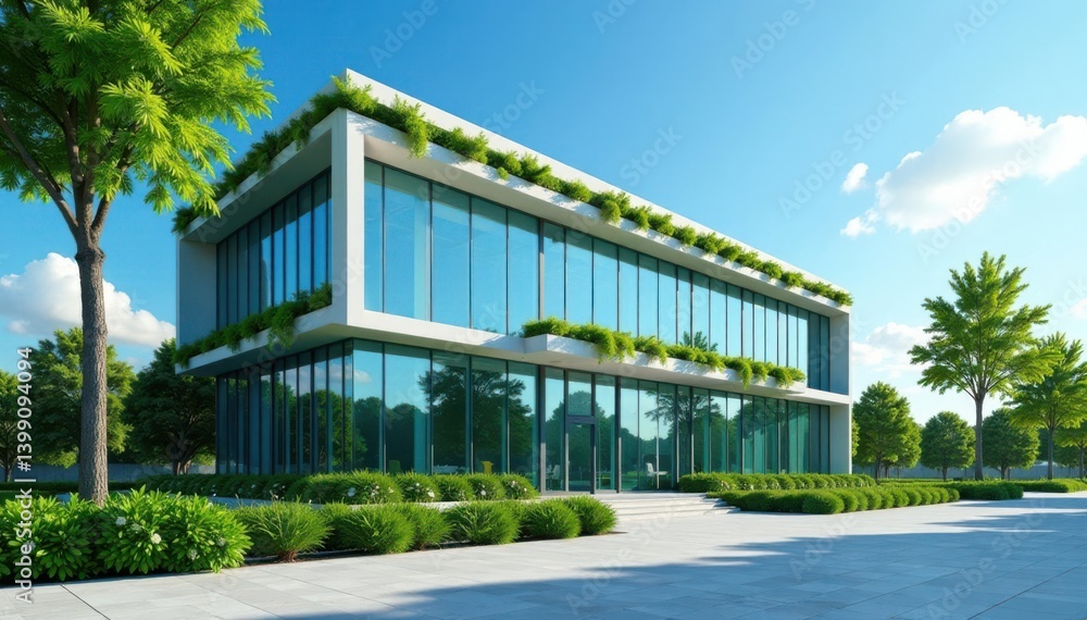 Modern office building with lush greenery on a clear blue sky backdrop, sky, nature Modern office building with lush greenery on a clear blue sky backdrop, sky, nature