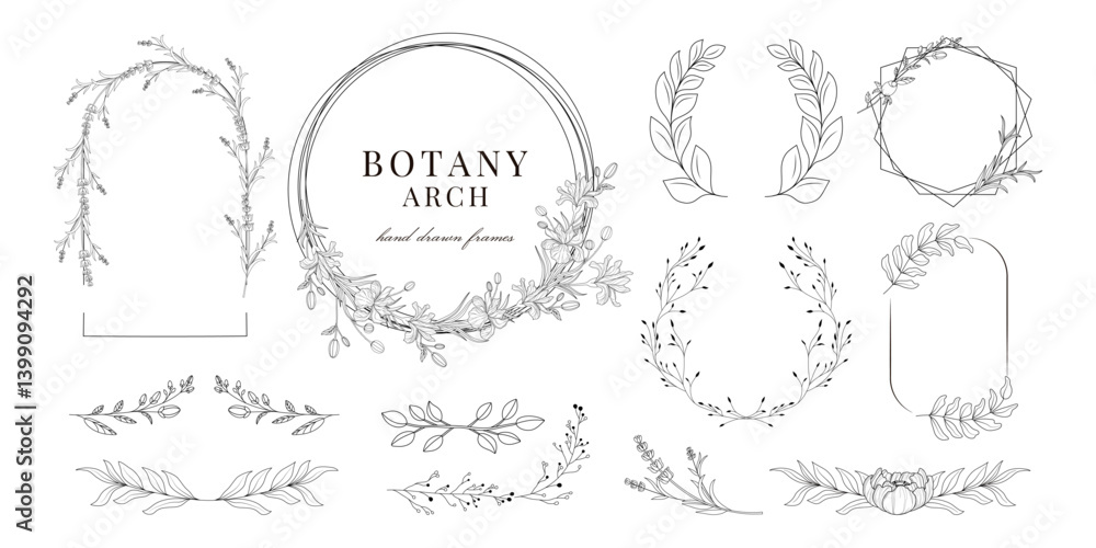 Set of flowers. Botanical frames and borders. Vector. Elements for decoration. Hand drawn leaves. Wedding label. Invitations. Wreath. Minimal style. Branches and herbs. Boho Set of flowers. Botanical frames and borders. Vector. Elements for decoration. Hand drawn leaves. Wedding label. Invitations. Wreath. Minimal style. Branches and herbs. Boho