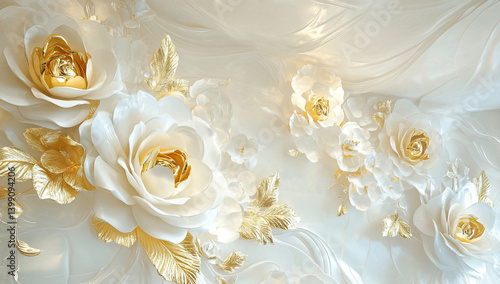 3D wallpaper with a stretch ceiling design featuring elegant white and golden-pink floral patterns, creating a luxurious and sophisticated ambiance