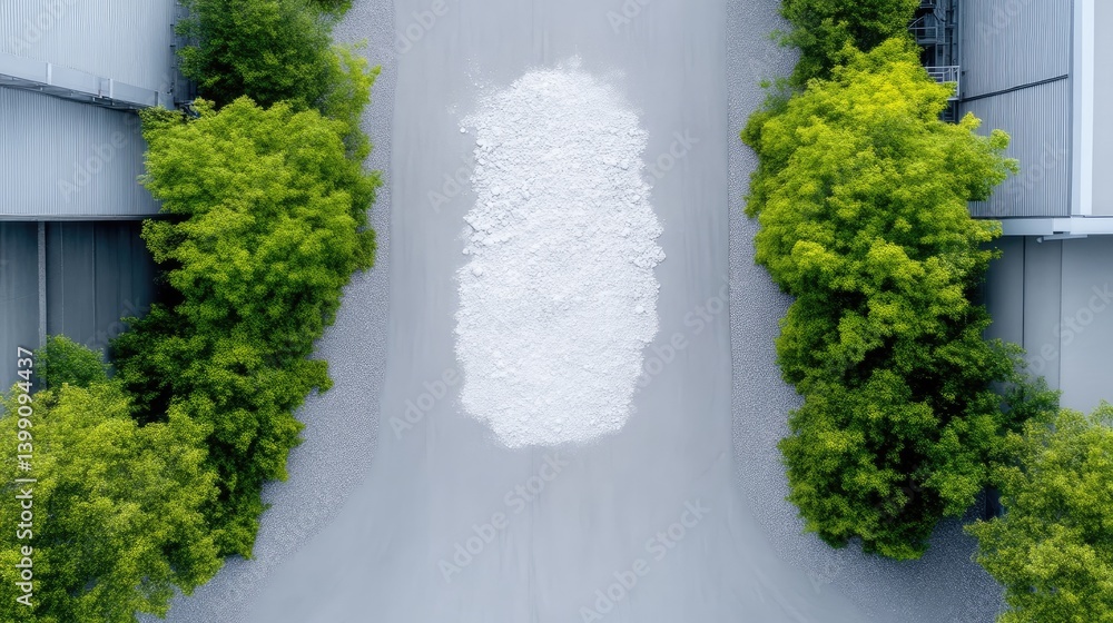 Aerial view of a pile of white powder, surrounded by lush greenery and industrial buildings