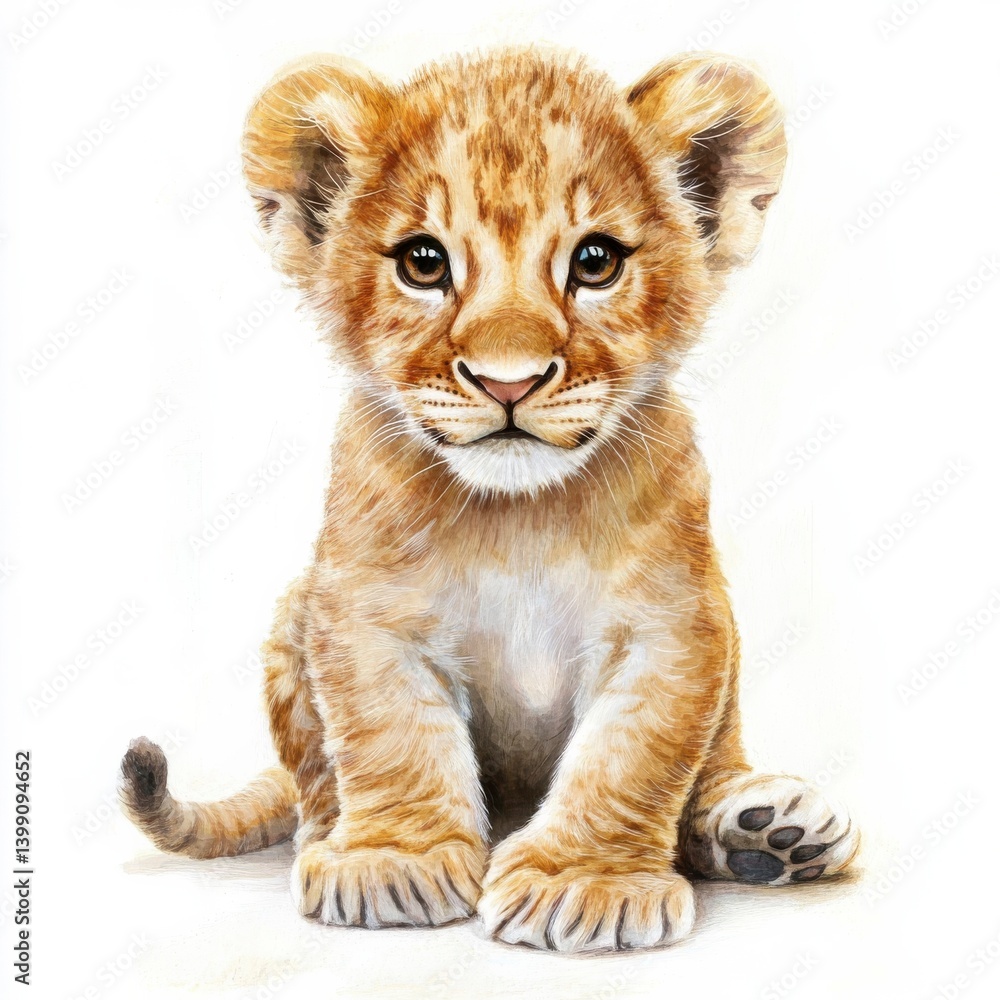 Charming portrait of a lion cub with golden fur, sitting on a white background, looking forward. Adorable feline illustration. Charming portrait of a lion cub with golden fur, sitting on a white background, looking forward. Adorable feline illustration.
