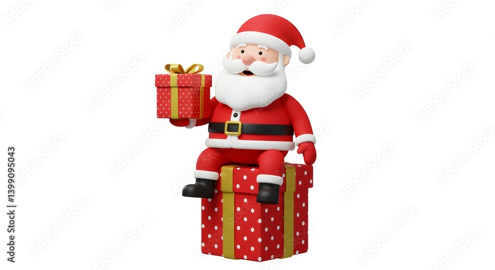 Delightful 3D Santa Claus Sitting on a Festive Gift Box Presenting a Gift Delightful 3D Santa Claus Sitting on a Festive Gift Box Presenting a Gift