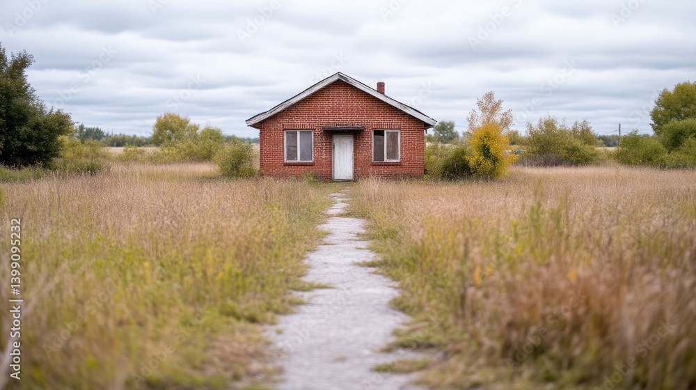 Lonely, weathered brick house on a vast field Lonely, weathered brick house on a vast field
