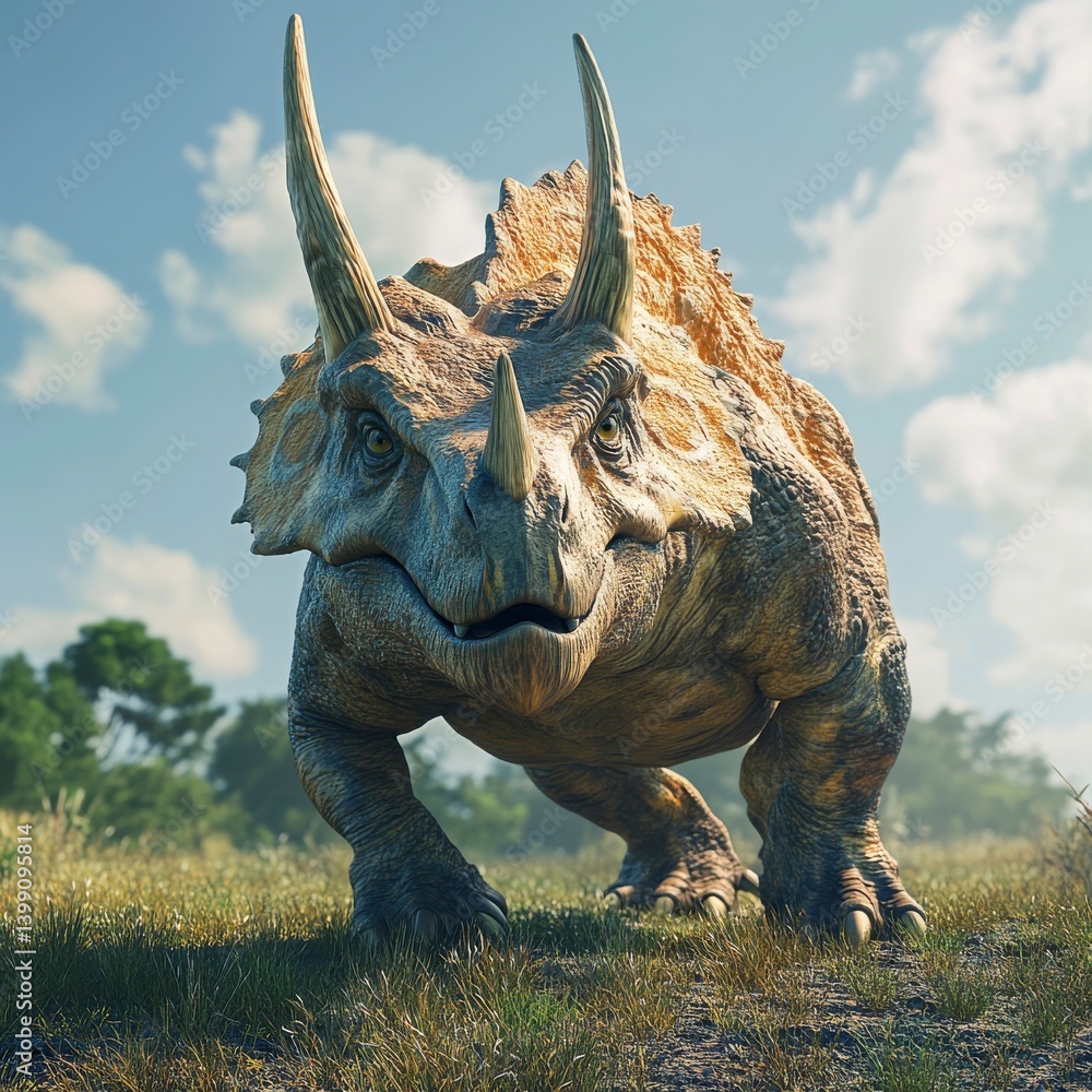 Fototapeta premium Majestic Dinosaur: A horned giant approaches across a sunlit, grassy plain beneath a bright sky with fluffy clouds.