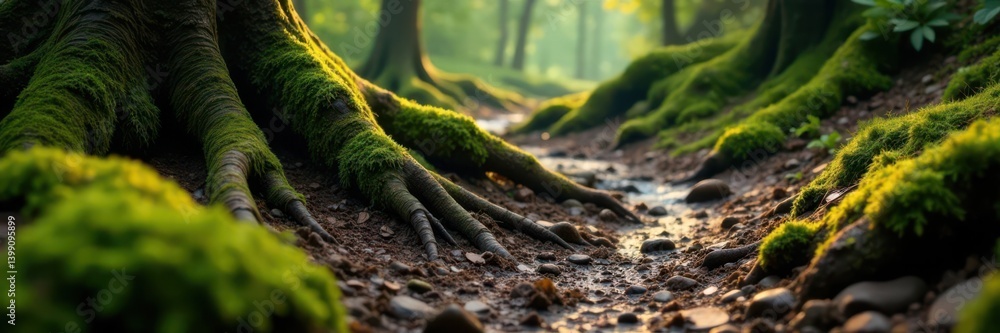 Muddy forest floor with exposed tree roots and moss covered rocks, forest, grunge Muddy forest floor with exposed tree roots and moss covered rocks, forest, grunge