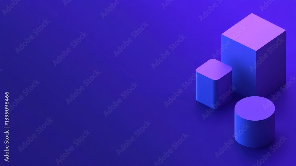 Three dimensional geometric shapes in a vibrant purple-blue gradient. Three dimensional geometric shapes in a vibrant purple-blue gradient.