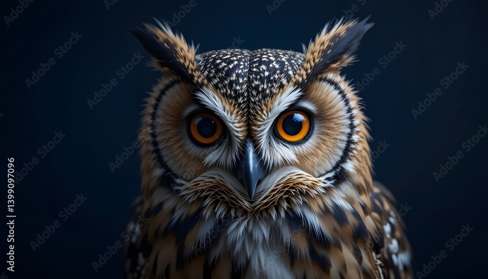 Intense Gaze: Detailed Owl Portrait with Amber Eyes on Dark Backdrop Intense Gaze: Detailed Owl Portrait with Amber Eyes on Dark Backdrop