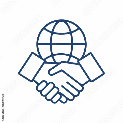Line icon style business agreement. Hand shake with globe black icon vector on white background.