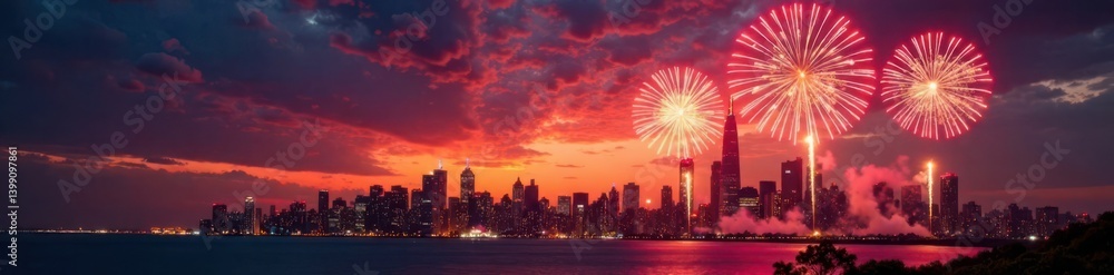 Fototapeta premium New Year's Eve fireworks exploding over a city skyline at sunset, fireworks explosion, night sky