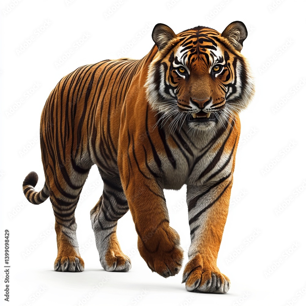 Obraz premium A majestic striped feline with orange fur and captivating yellow eyes, confidently strides forward against a pristine white backdrop.