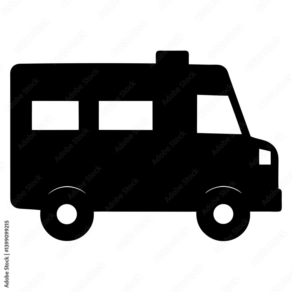 A simple black and white silhouette graphic of a camper van