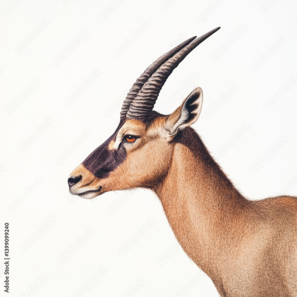 Fototapeta premium Detailed illustration of a horned animal against a white background. The intricate artwork showcases the unique details of the animal.