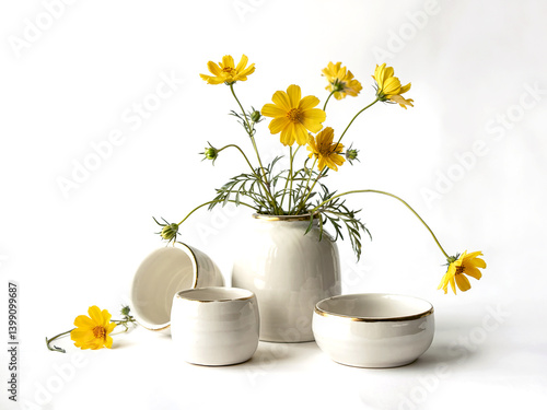 Wallpaper Mural Yellow Flowers in White Vases  Minimalist Floral Arrangement Torontodigital.ca