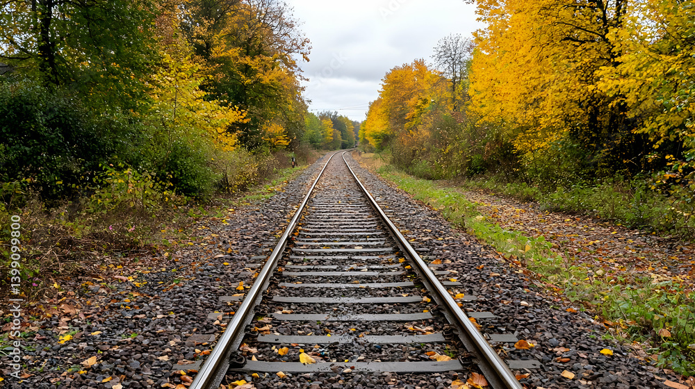 Obraz premium Autumnal Railroad Tracks Through a Forest