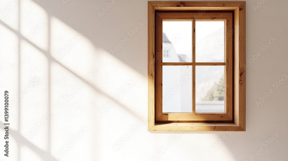 Obraz premium A wooden-framed window casting shadows on a wall, revealing a serene outdoor view.
