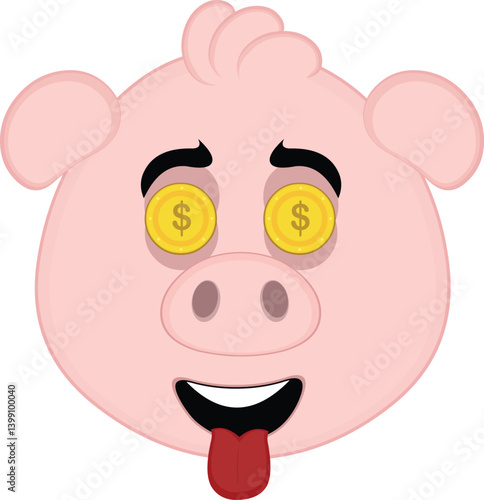 vector illustration emoji character face pig cartoon,  with an ambitious expression, coins in his eyes and his tongue sticking out
