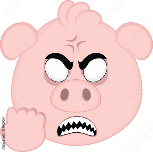vector illustration emoji character face pig cartoon, with white eyes of angry expression concept, sharp teeth and hand revenge gesture