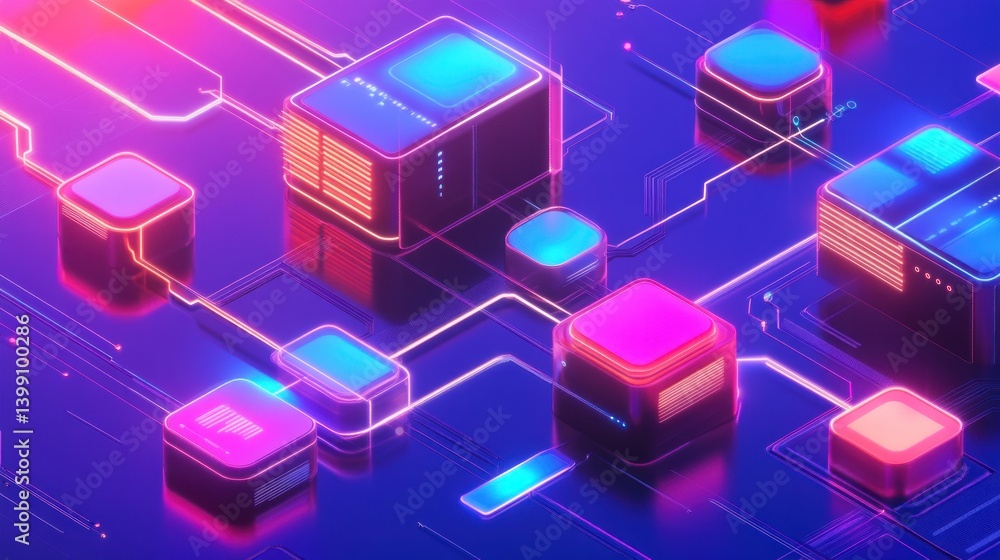 Abstract digital landscape with vibrant circuits and blocks representing technology and data flow. Abstract digital landscape with vibrant circuits and blocks representing technology and data flow.