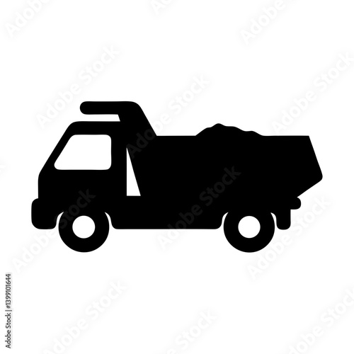 A side view silhouette of a black dump truck transporting goods