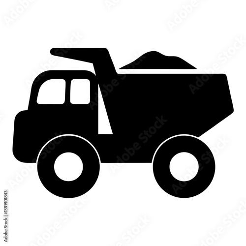 Simple black and white illustration of a dump truck carrying material
